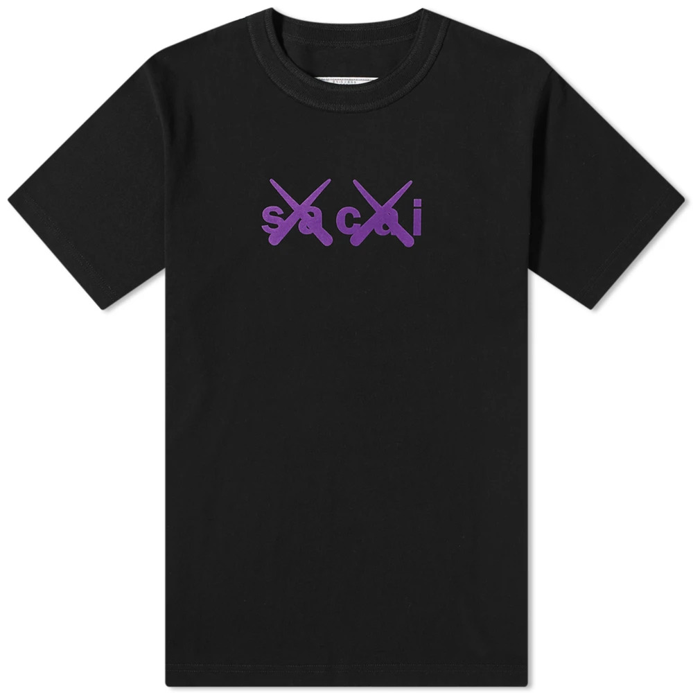 Sacai x KAWS Black Purple Flock Logo SS Tee Cotton Short Sleeve T-Shirt 3 Large